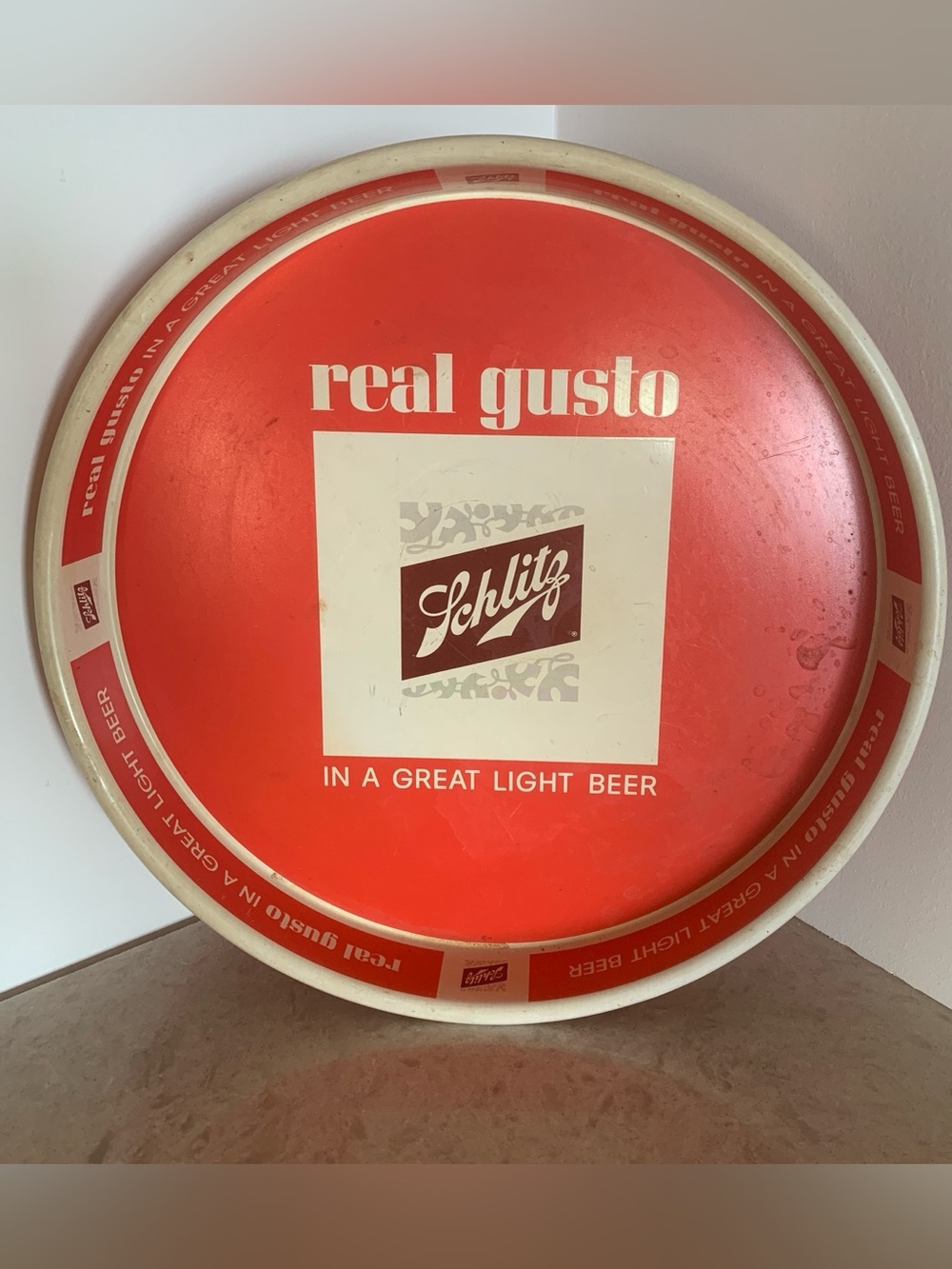 Vintage Schlitz Real Gusto Metal Serving Tray Round Serving Tray